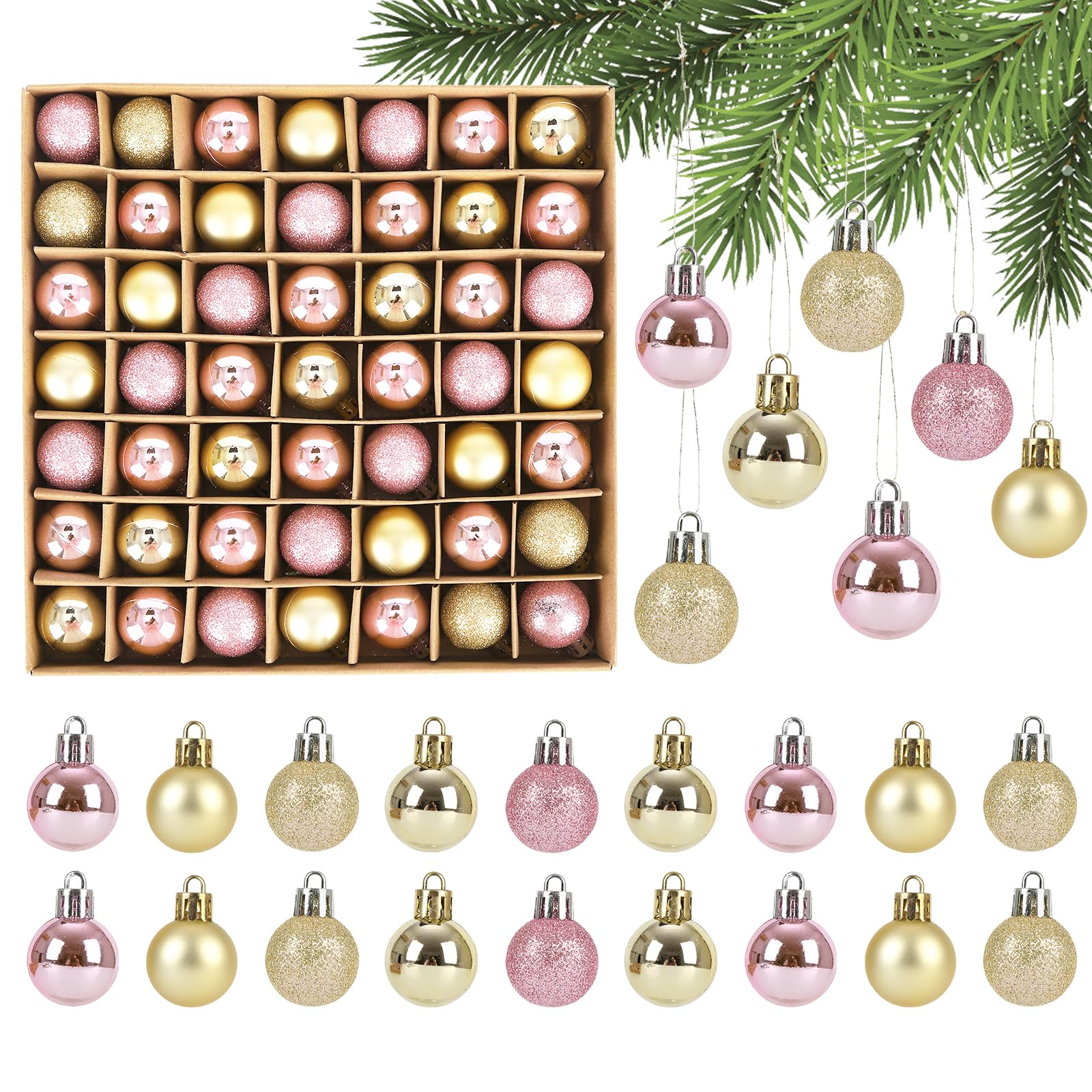 Mini Xmas Baubles Yomaido Christmas Balls 30mm| 1.8 Inches 49Pcs- Small Glitter Christmas Baubles with Strings-Shatterproof Balls for Tree Hanging Decoration (Pink, Gold)