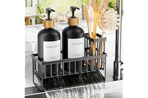 Cisily Kitchen Dish Soap Dispenser Set with 2 Pack 16.9oz Black Glass Bottle and Sponge Holder, Dish Soap Dispensers with Adjustable Sponge Holder, Vintage Hand and Dish Soap Dispensers Set
