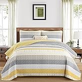 DJY Striped Quilt Set King Size, Yellow and Grey Boho Bedspread Coverlet Set 3 Pieces Lightweight Soft Microfiber Patchwork Quilt Bedding Set for All Season (104"x90")