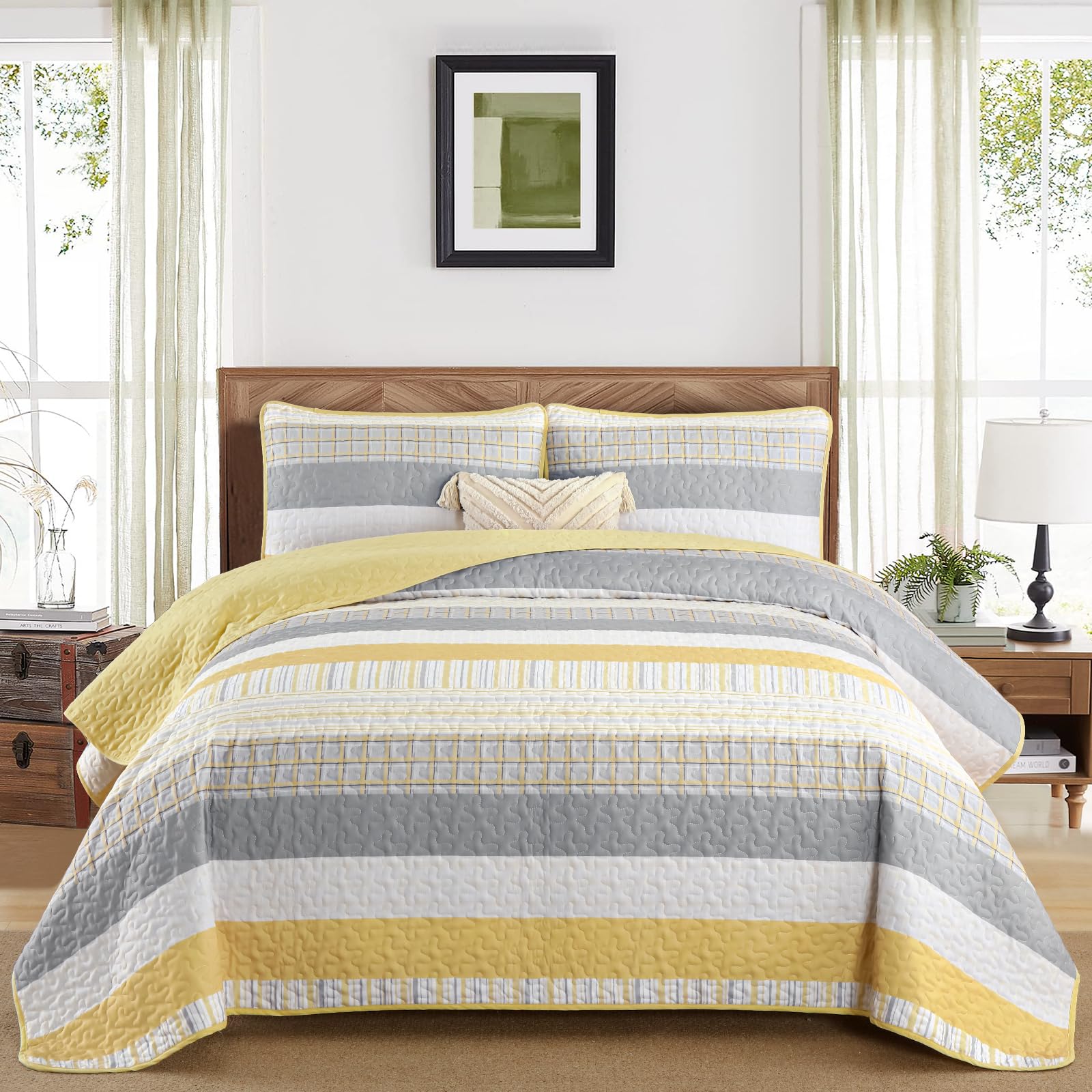 DJY Striped Quilt Set Queen Size, Yellow and Grey Boho Bedspread Coverlet Set 3 Pieces Lightweight Soft Microfiber Patchwork Quilt Bedding Set for All Season (96"x90") Image