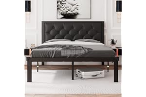 Feonase Full Size Metal Bed Frame with Faux Leather Button Tufted Headboard, Heavy-Duty Platform Bed Frame with 12" Storage, Steel Slats Support, No Box Spring Needed, Noise Free, Black