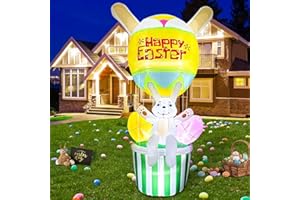 GUDELAK 9FT Easter Inflatables Outdoor Decorations with Easter Bunny Decor, Hot Air Balloon Easter Yard Decorations with 6 LED Lights, Easter Blow Up Yard Decorations for Lawn Garden Easter Decor