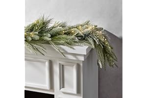 LampLust Winter Garland with Lights Battery Operated, 6 Ft Lighted Garland, Frosted Garland with Pine Branches & Faux Snow, 100 LED Lights with Timer, Winter Garland for Mantle All Year Round