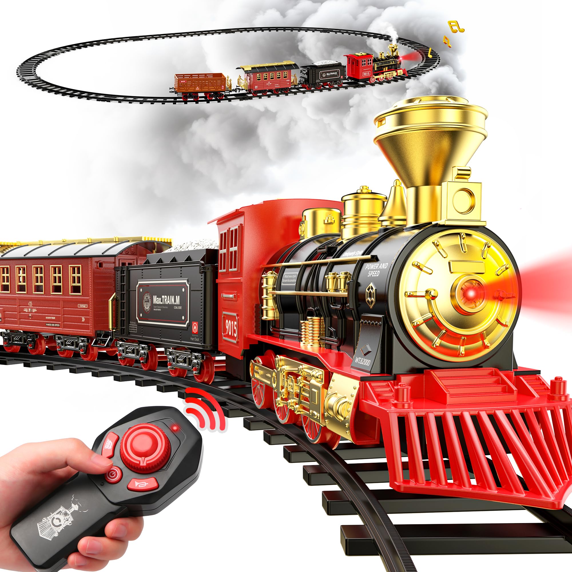 Hot Bee Remote Control Train Set, Christmas Train Set for Under Tree, Electric Train for Kids Adults, Steam Train Toy with Smoke