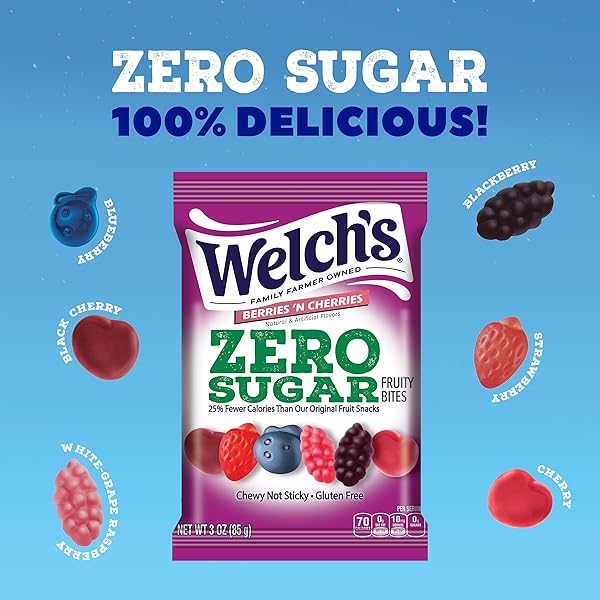 WELCH’S ZERO SUGAR FRUITY BITES, BERRIES ‘N CHERRIES SNACK PACK, GLUTEN FREE & SUGAR FREE SNACKS, 3OZ SNACK PACK (PACK OF 1)