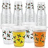 ABURRORI 50 Pcs 12OZ Christmas Plastic Cups, Holly Print Clear Plastic Cups, Beverage Holiday Party Favors For Xmas Themed Party Supplies