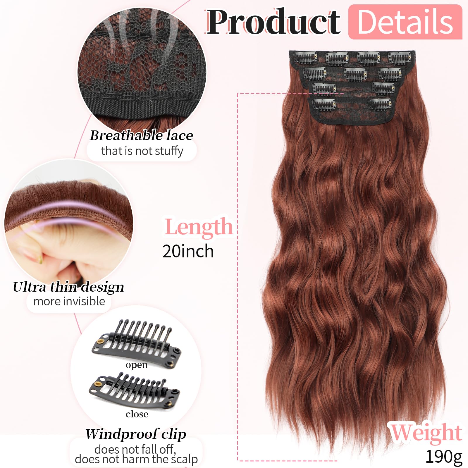 Condition photo showing New/Like New for kookastyle clip in synthetic hair extensions long wavy 4pcs thick hairpieces auburn fiber double wef