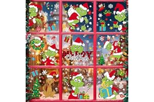 122PCS Christmas Window Clings, Grinchmas Window Clings for Glass Windows, Cute Christmas New Year Window Cling, Double Sided