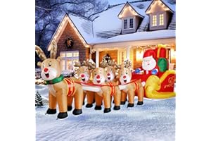 DomKom 12 FT Christmas Inflatable Santa Claus on Sleigh with Five Reindeers, Giant Blow Up Yard Decoration,Built-in LED Lights Decoration for Christmas Party, Holiday Lawn Winter Decor
