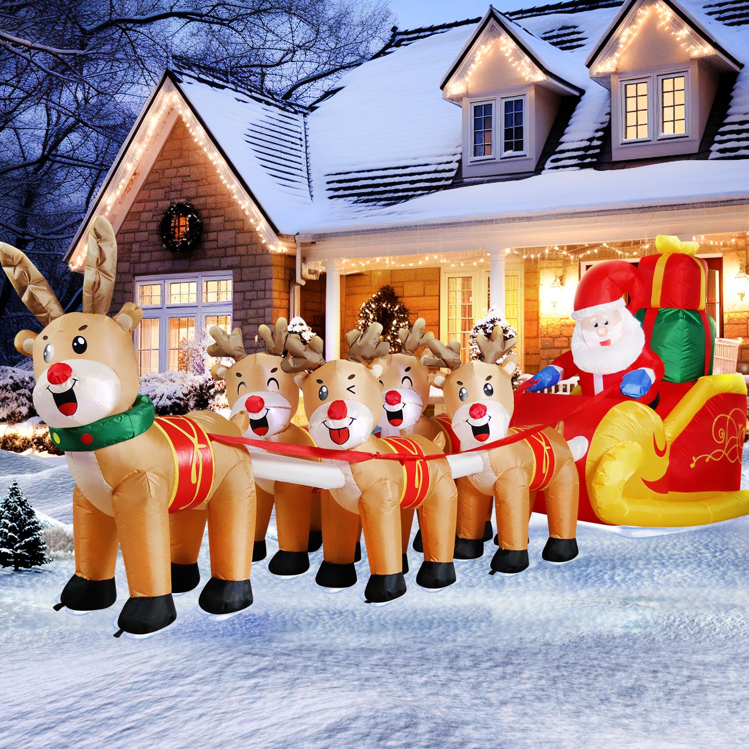 Photo 1 of 12 FT Christmas Inflatable Outdoor Santa Claus on Sleigh with Five Reindeer, Building LED Lights, Blow Up Yard Decoration for Party Garden Lawn Winter Decor