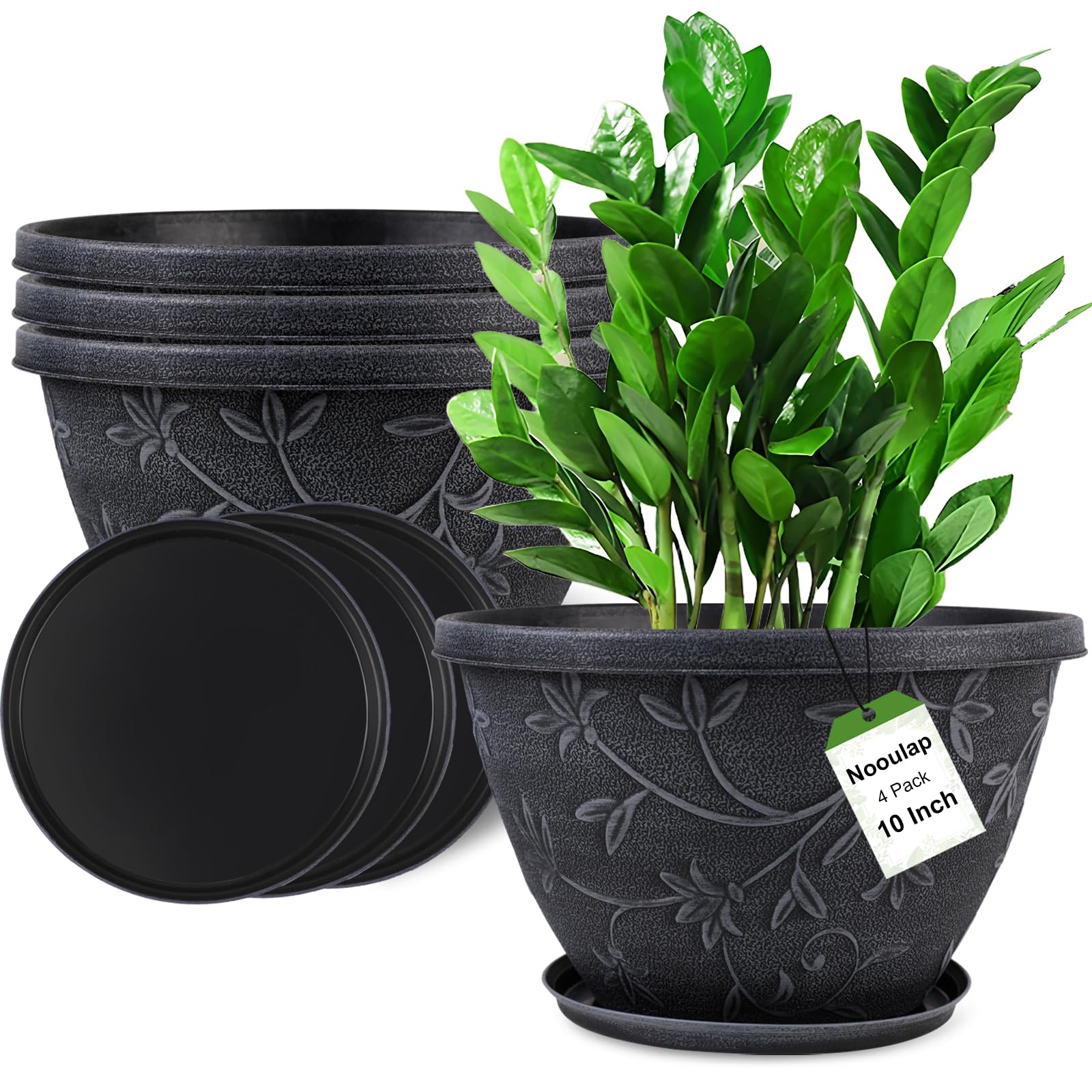 Photo 1 of (SMALL) (BAGGED) Nooulap 4 Pack 10 Inch Plant Pot for Outdoor Indoor, Plastic Flower Pots with Drainage Hole & Saucer, Lightweight Small Resin Flower Pot, Imitation Magnolia Planter Pots for Garden House?Gray?