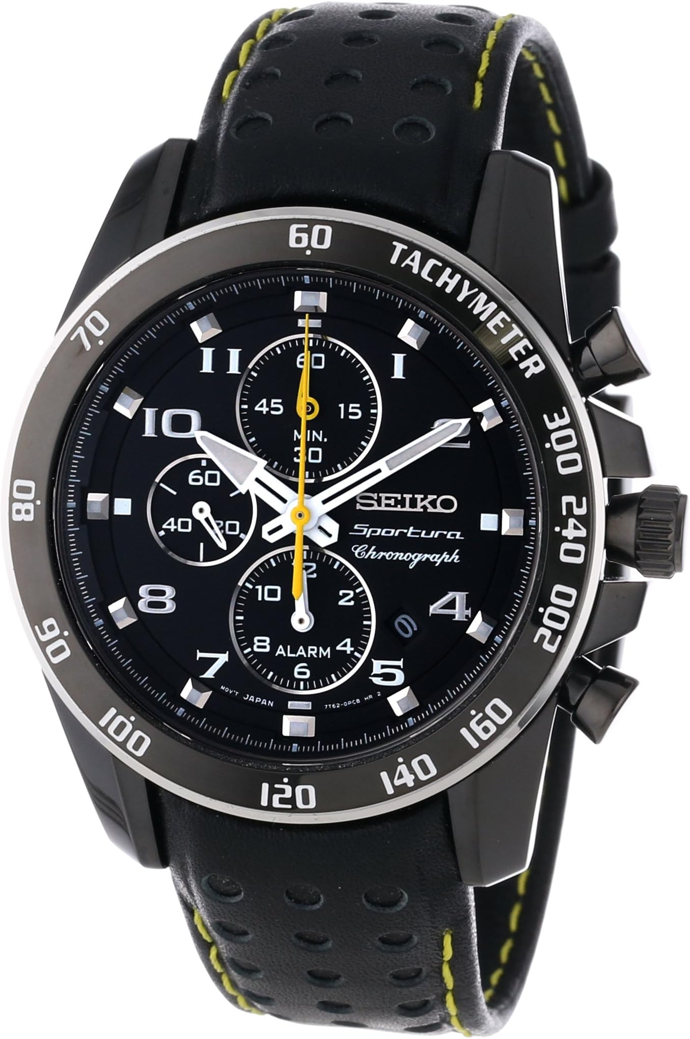 Seiko Sportura Black Dial Black Leather Band Mens Watch