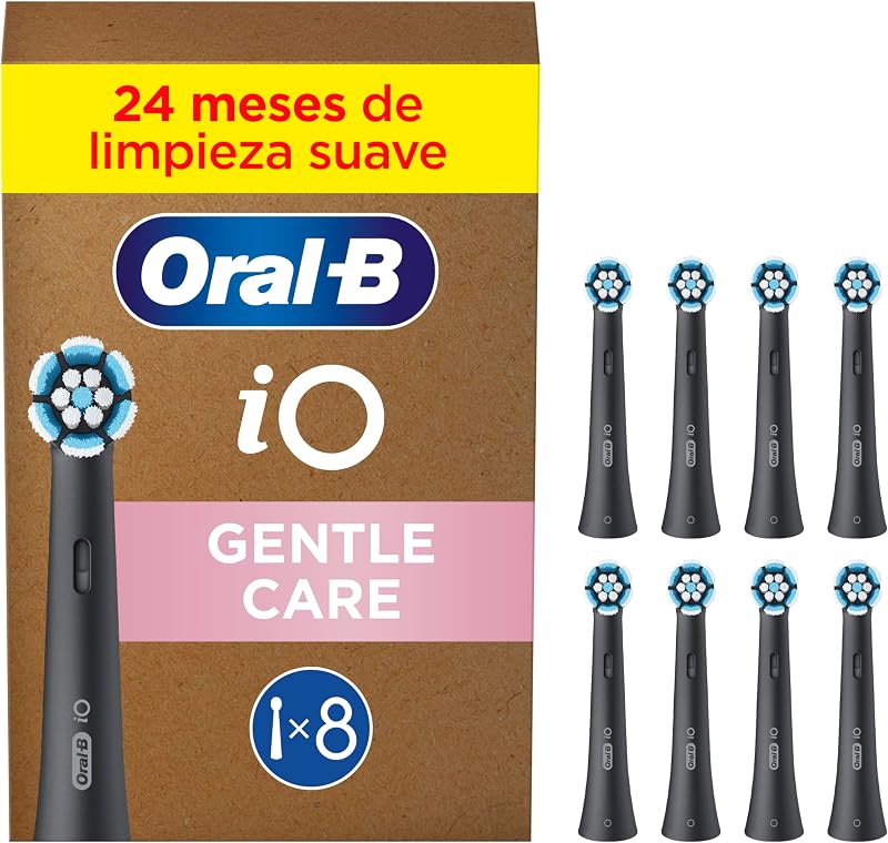Cabeças de substituição originais Oral-B Series iO Gentle Care, pack de 8 recargas pretas para escovas de dentes elétricas Oral-B iO, escovagem suave, adequadas para gengivas sensíveis