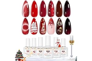 modelones Red Gel Nail Polish Set 6 Colors Christmas Burgundy Cherry Dark Red Cat Eye Glitter Color Changing Hema&TPO Free Gel Polish Kit with Magnet Soak Off Nail Art DIY New Year Gifts