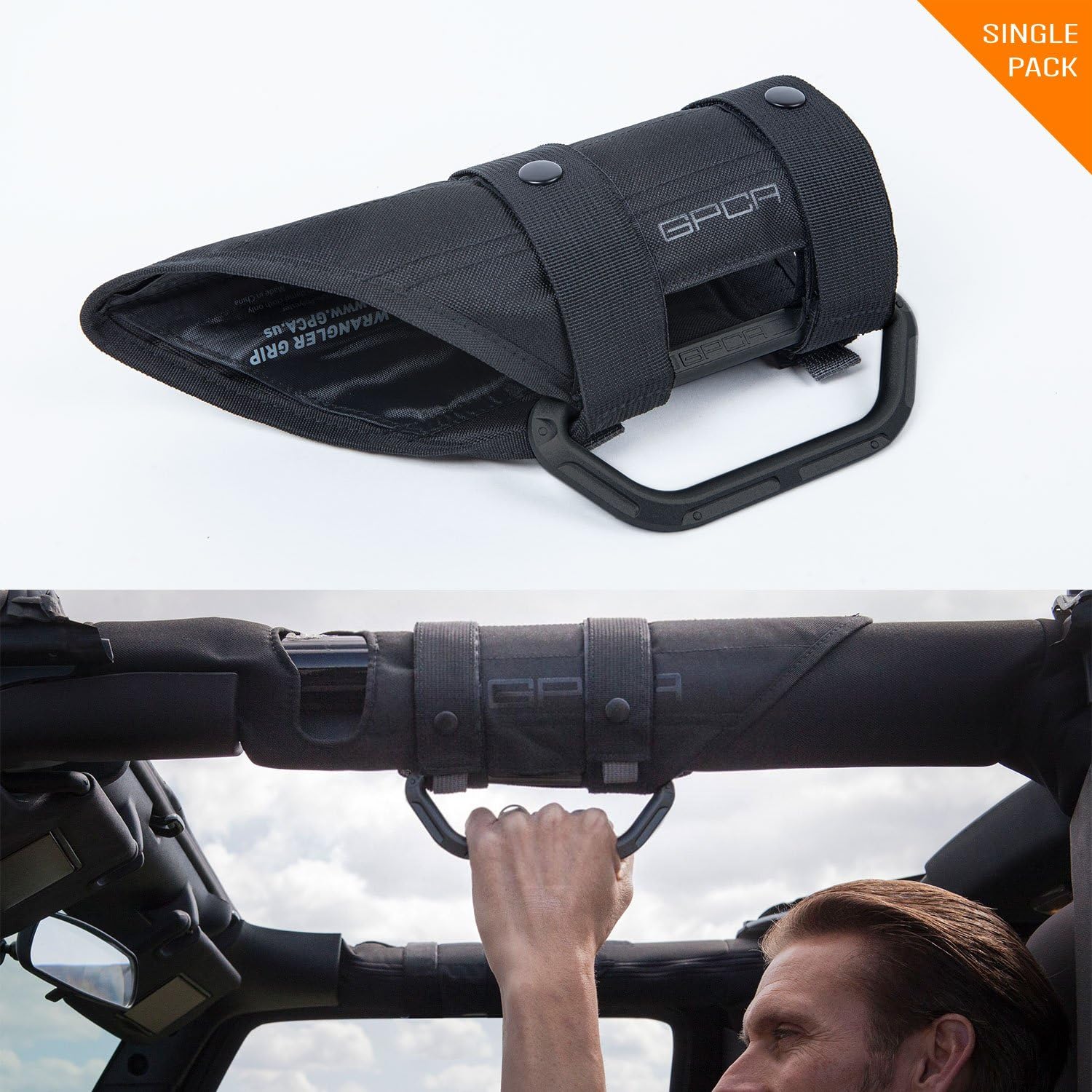 GPCA Metal Grab Handle - GP-Grip LITE for Jeep Wrangler JL JT JK Sport Sahara Freedom Rubicon 4DR 2DR 2007-2020 with 3" roll bar. Patented (Single, Jet Black)