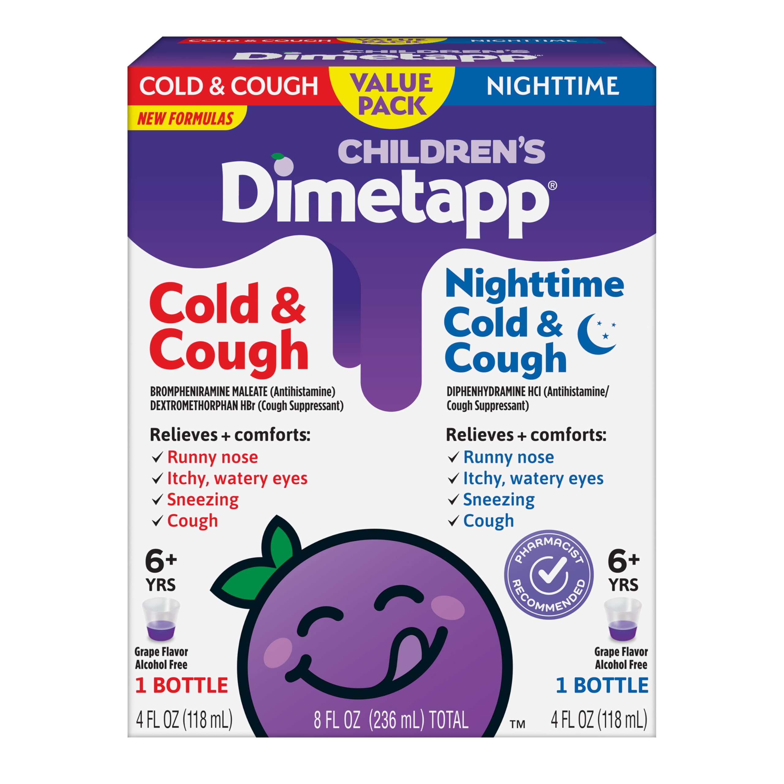 Children's Dimetapp Cold & Cough Value Pack, Antihistamine, Cough Suppressant, Grape Flavor, (2) 4 Oz Bottles – Packaging May Vary.