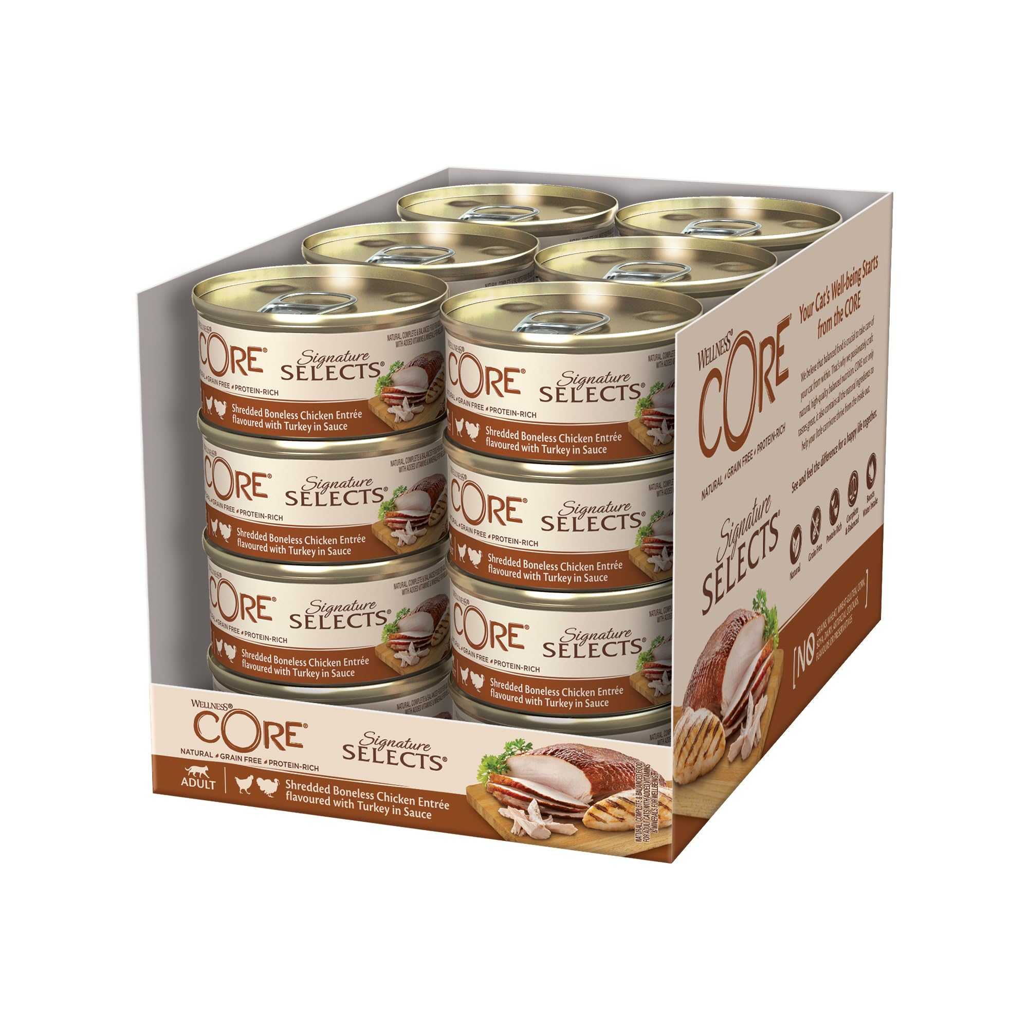 Wellness CORE Signature Selects 24 x 79g, Shredded Chicken & Turkey – Wet Cat Food, Tasty Shreds in Sauce, Grain-Free, Natural, Hypoallergenic, Protein-Rich, High Meat Content
