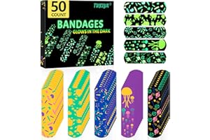 TUXIYA 50 Count Kids Bandaids, Glow in The Dark & Waterproof Bandages, One Size Cute Bandaids for Kids and Adults, 5 Styles Adhesive Bandages for Minor Cuts, Scrapes, Wounds and First Aid