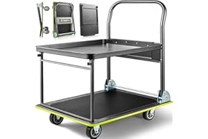GIOVENTÙ Heavy Duty Push Cart Dolly (700 lbs), Foldable Platform Hand Truck Made with High-Strength Steel, 2 Tier Design, Moving Flatbed Cart with Wheels for Warehouse, Garage, Workshop, Office