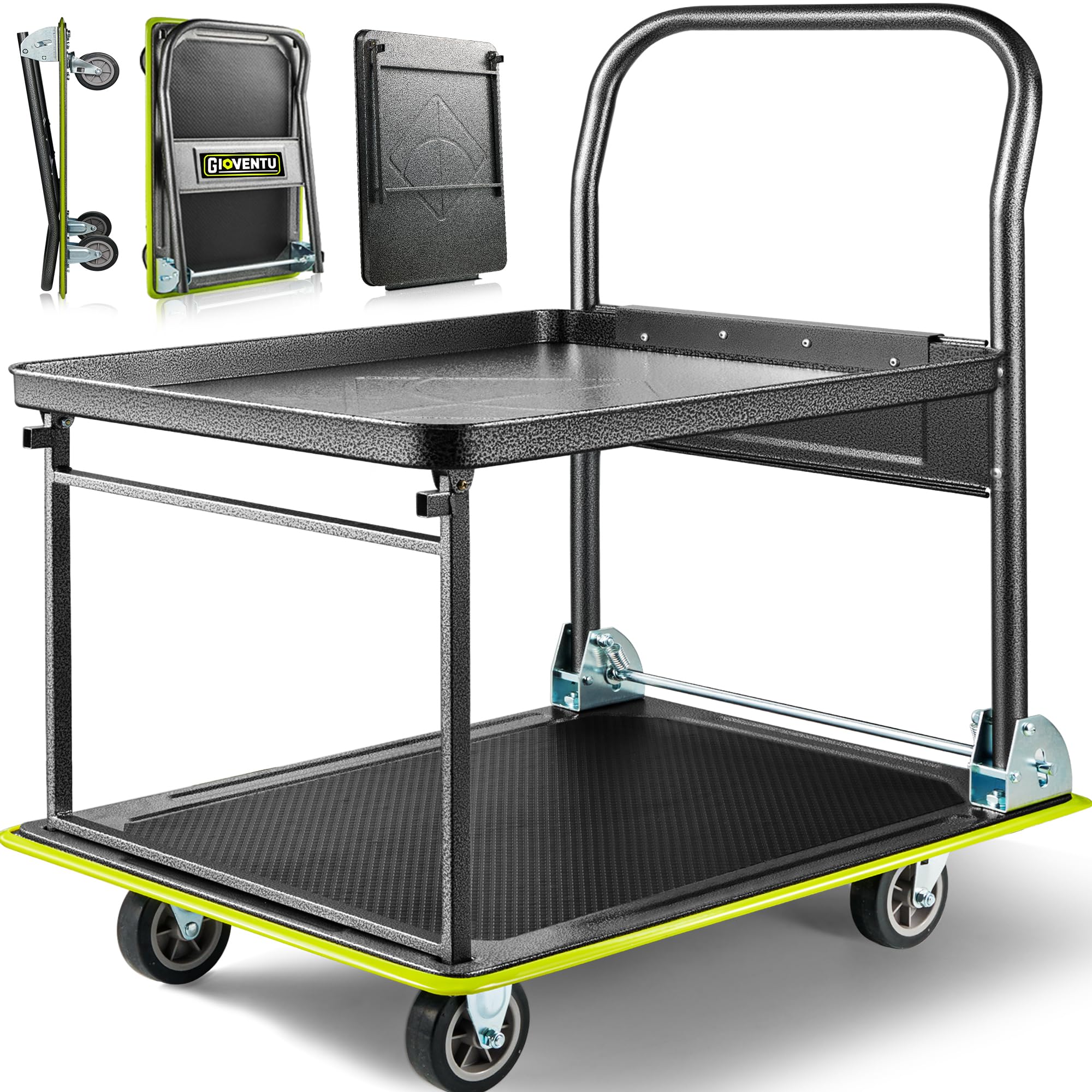 Photo 1 of ******************MISSING WHEELS********************
Heavy Duty Push Cart Dolly (700 lbs), Foldable Platform Hand Truck Made with High-Strength Steel, 2 Tier Design, Moving Flatbed Cart with Wheels for Warehouse, Garage, Workshop, Office