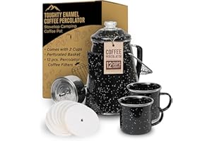 Toughty Enamel Coffee Percolator - Stovetop Coffee Maker for Camping, Open Fire, Grill, or Stove - Vintage Coffee Pot - Durable Old-Fashioned Metal Percolator w/ 2 Cups & 12 Coffee Filters - Black