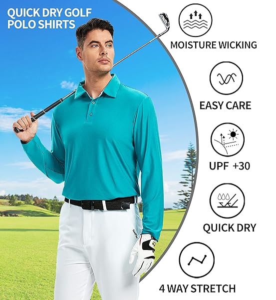 SAMERM GOLF SHIRTS FOR MEN DRY FIT LONG SLEEVE PERFORMANCE MOISTURE WICKING POLO SHIRT,AQUA XXL