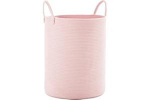 MOJOSCEND 60L Large Pink Laundry Hamper Basket for Grils Baby Nursery, 15Dx20H inches Tall Toddler Clothes Hamper, Woven Rope Hamper Laundry Basket