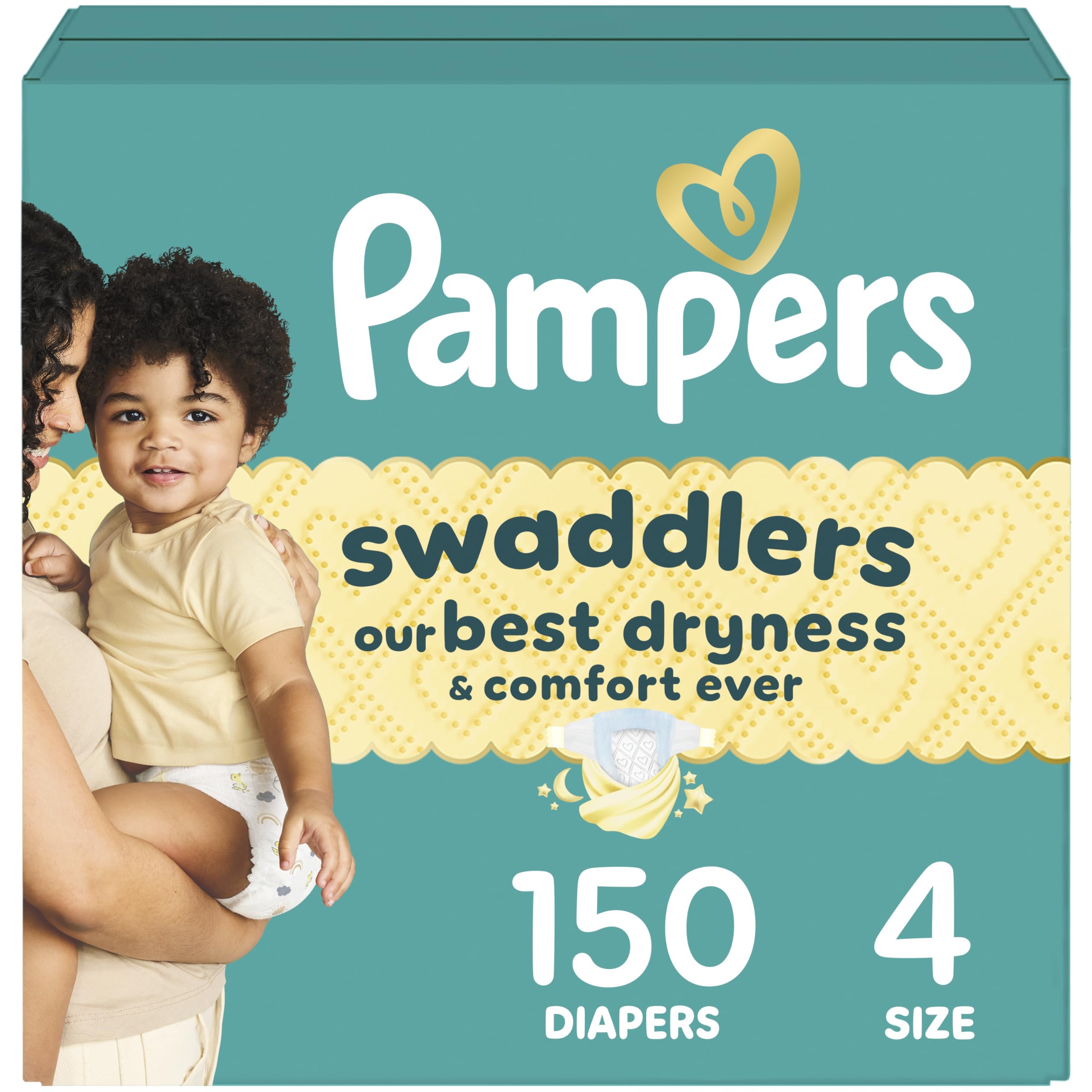 Pampers Swaddlers Diapers, Size 4 (15-34 lbs), 150 Count, Absorbent, Keeps Baby Dry and Comfortable, Skin Safe Disposable Baby Diaper (Packaging May Vary)