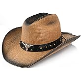 Retro Cowgirl Hats Western Straw hat,Mens Womens Cowboy Hat with Metal Texture,Bull Head Badge Hats
