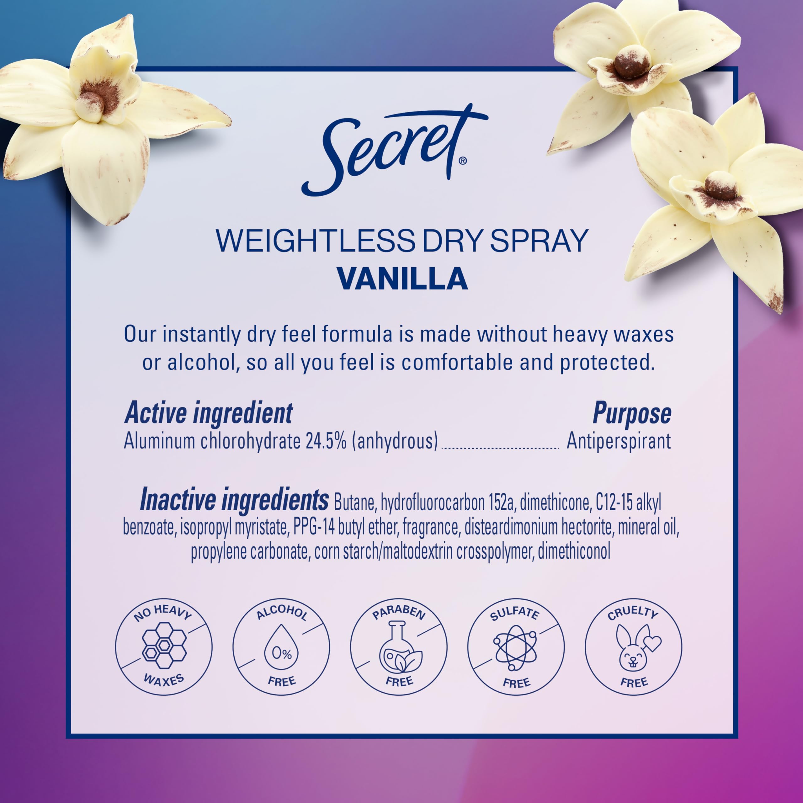 Secret Dry Spray Antiperspirant Deodorant for Women, 48hr Weightless Sweat & Odor Protection, Gentle on Skin, Cozy Vanilla Scent, 4.1 oz (Pack of 3)