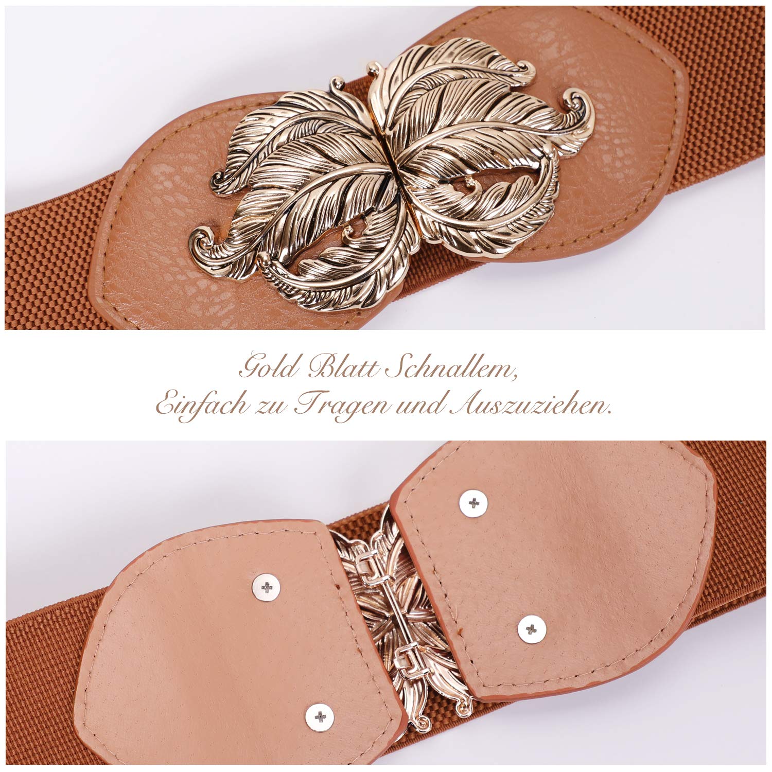 JasGood Damen Mode Breit Elastische Gürtel - Vintage Taillengürtel mit Gold Blatt Schnalle, Braun, Taille Größe 70cm-80cm