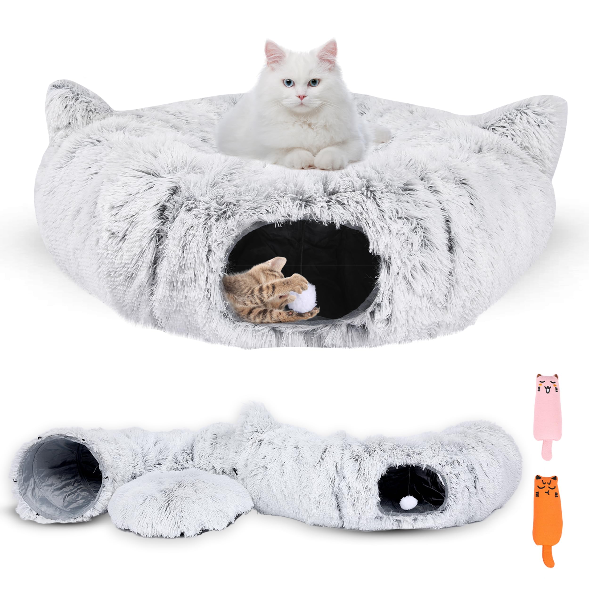 Photo 1 of PurrPuff Cat Tunnel Bed Cave with Catnip Toys - Peekaboo Cat Hideaway & Cat Donut Tunnel - 3-in-1 Cat Tunnels for Indoor Cats - Foldable Cute Cat Bed - 32" Washable
