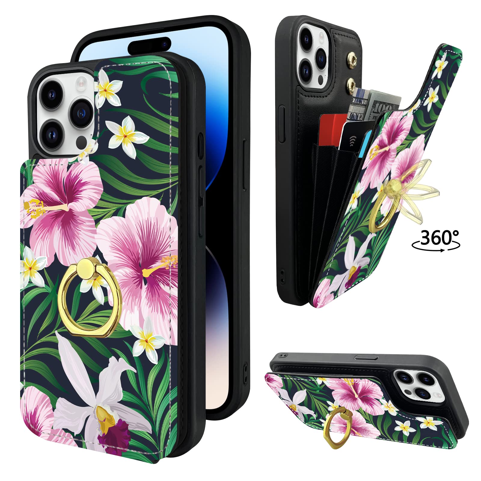 TopPerfekt Compatible with iPhone 14 Pro Wallet Case with Card Holder, 360Rotation Finger Ring Holder Kickstand Protective RFID Blocking PU Leather Pattern Double Buttons Flip Cover 6.1" Floral