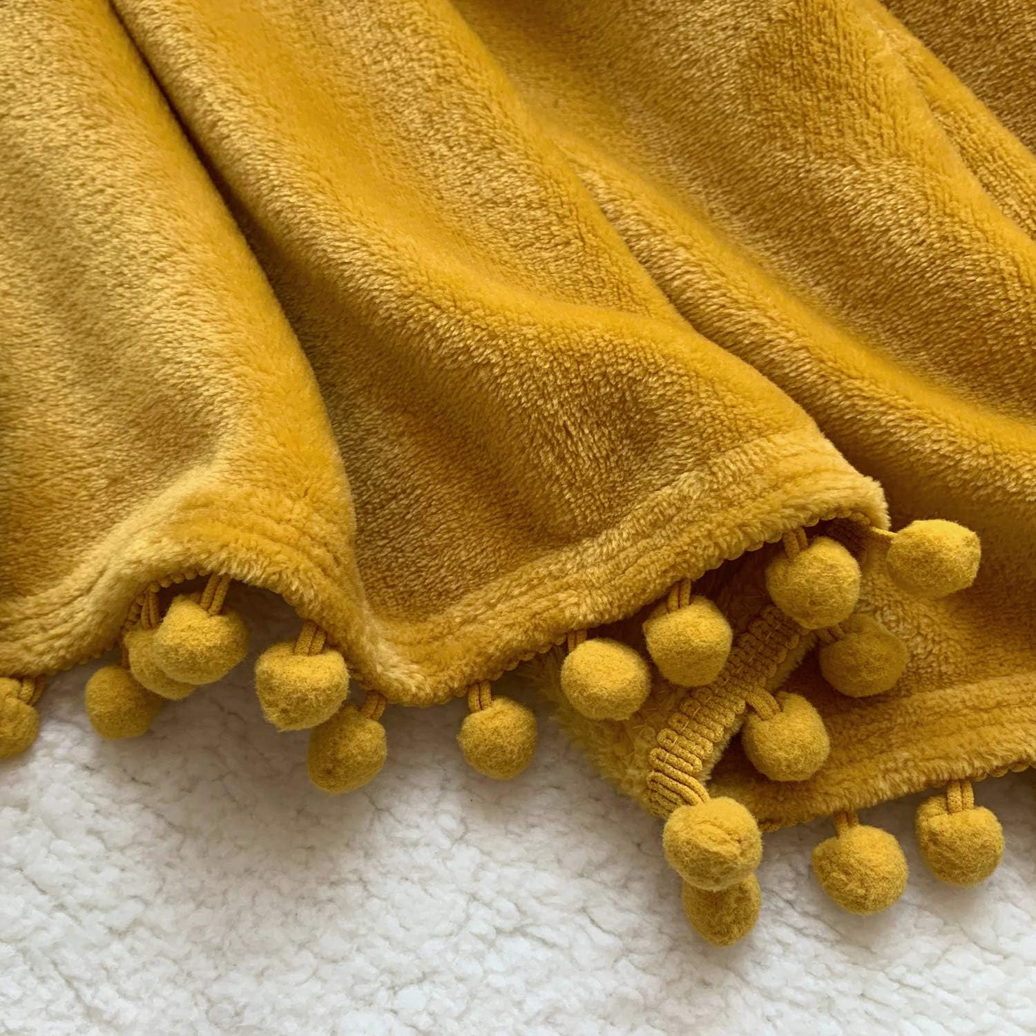 LOMAO Flannel Blanket with Pompom Fringe Lightweight Cozy Bed Blanket Soft Throw Blanket fit Couch Sofa Suitable for All Season (51x63) (Mustard Yellow): Kitchen & Dining