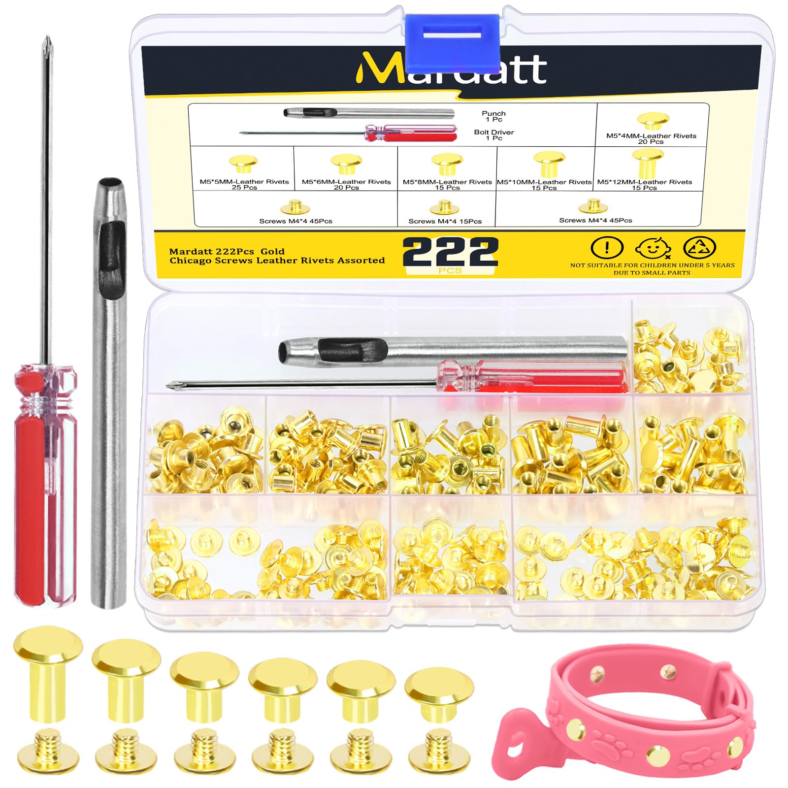 Mardatt 222Pcs 6 Sizes Chicago Screws Assorted Kit with Setting Tools, M5 X 4/5/6/8/10/12MM Leather Rivets M5 Chicago Binding Screws Rivets for DIY Leather Craft Repair(Gold)
