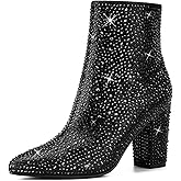 Rollda SUEDI Rhinestone Boots for Women, Sparkly Ankle Booties with Pointed Toe, Ladies Block Chunky Heel Glitter Boots