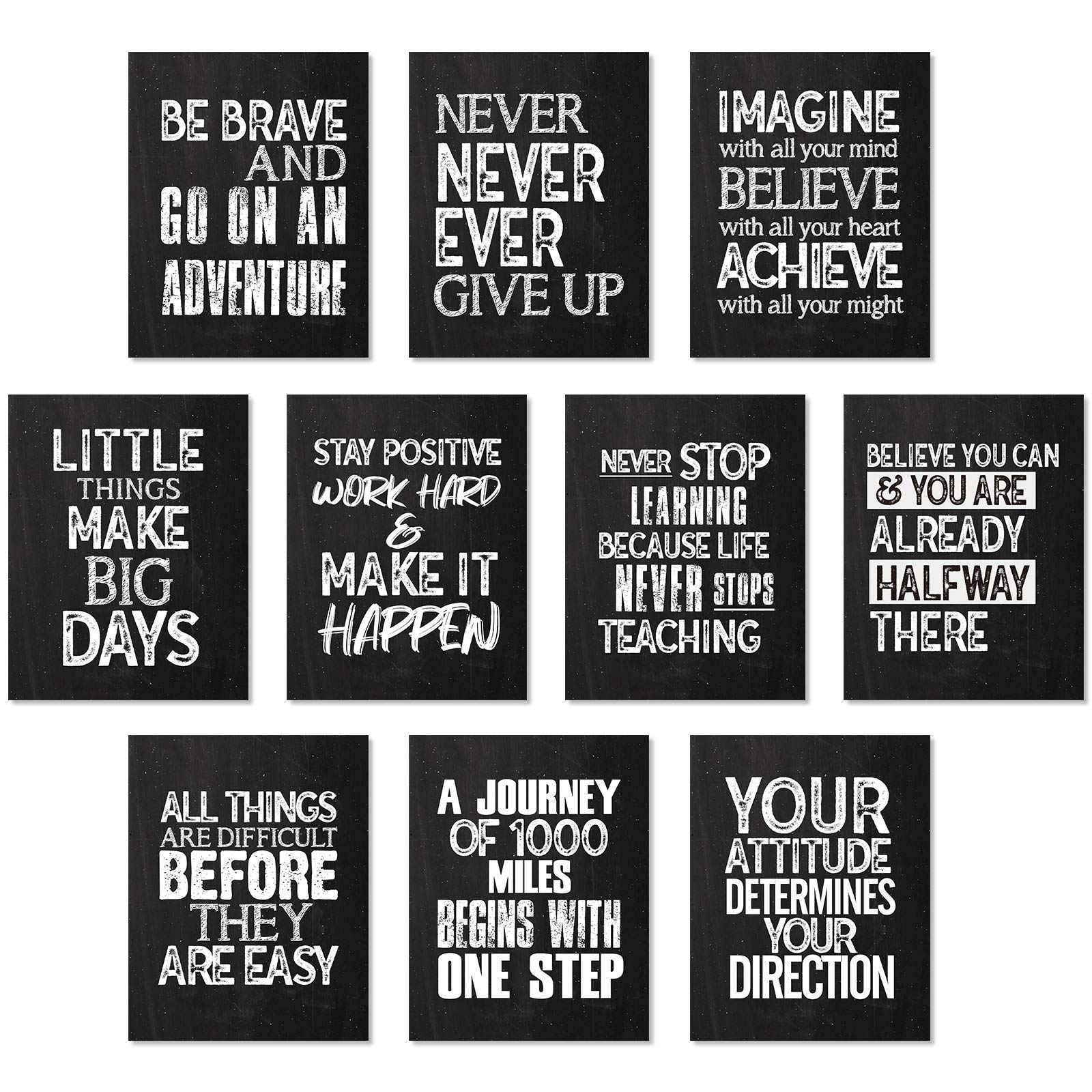 10 Pieces Inspirational Posters Motivational Quote Posters Positive Affirmation Art Posters with 80 Glue Point Dots for Classroom Living Room Office Decorations (Black White, 8 x 10 Inch)