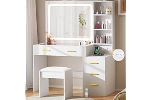 BEWISHOME Makeup Vanity Desk with Mirror and Lights,White Vanity Table with Glass Top,Makeup Desk with Power Outlet,5 Drawers,3 Lighting Modes,Stool,Nightstand,Dressing Table for Bedroom Girls FST29W