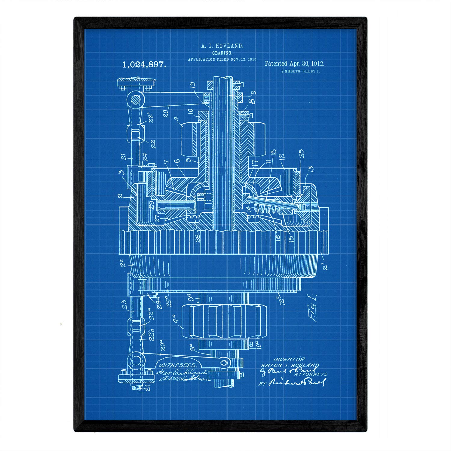 Nacnic Poster Gear patent. Sheet with old design patent A3 size with blue background
