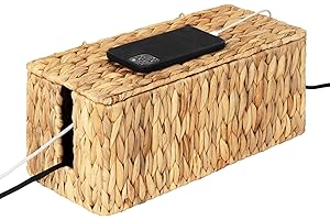 StorageWorks Large Cable Management Box, 2 Slots Wicker Cable Organizer to Hide Cords and Power Strip, Water Hyacinth Cord Hider Box for Home & Office