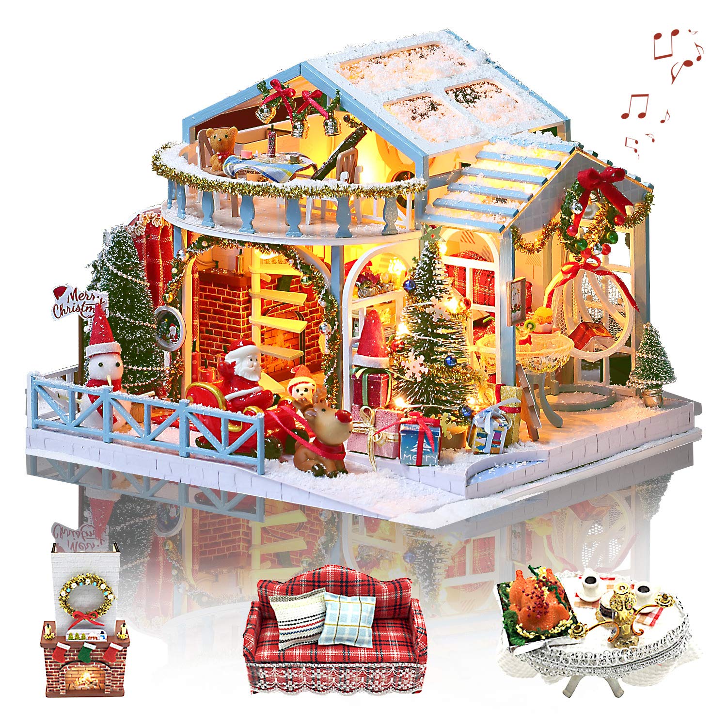 GuDoQi DIY Miniature House Kit with Music, Wooden Dollhouse with LED Light, Mini House Model to Build for Adults, Great Handmade Crafts Gift Idea for Christmas