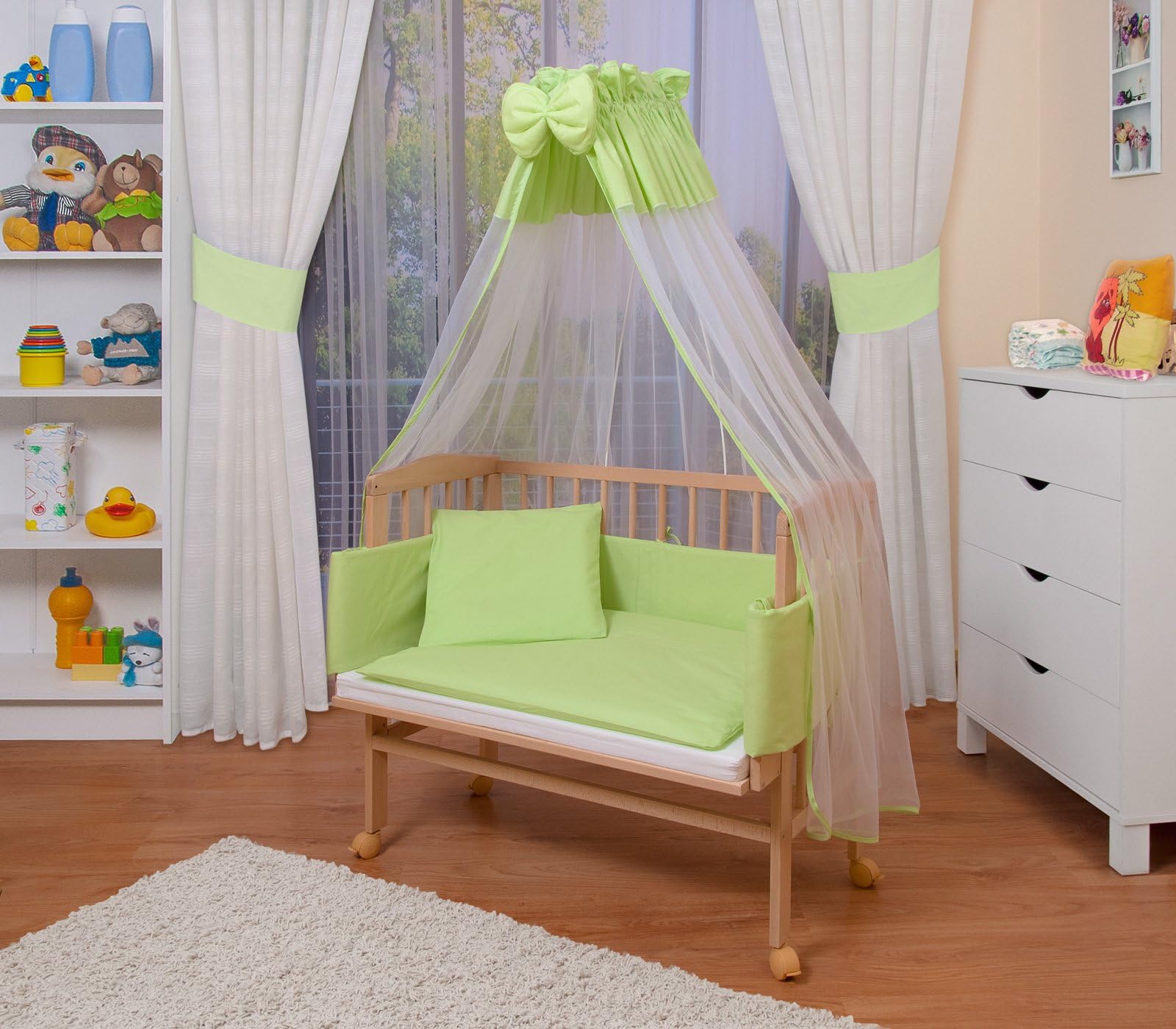 WALDIN Baby Bedside Cot Co-Sleeping Height Adjustable,untreated, 16 Models Available,Textile Colour Green