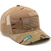 Multicam Tactical Camo Trucker Cap with Patriotic American Flag PVC Patch Sewn On Hat (Multicam Arid/Tan)_AB