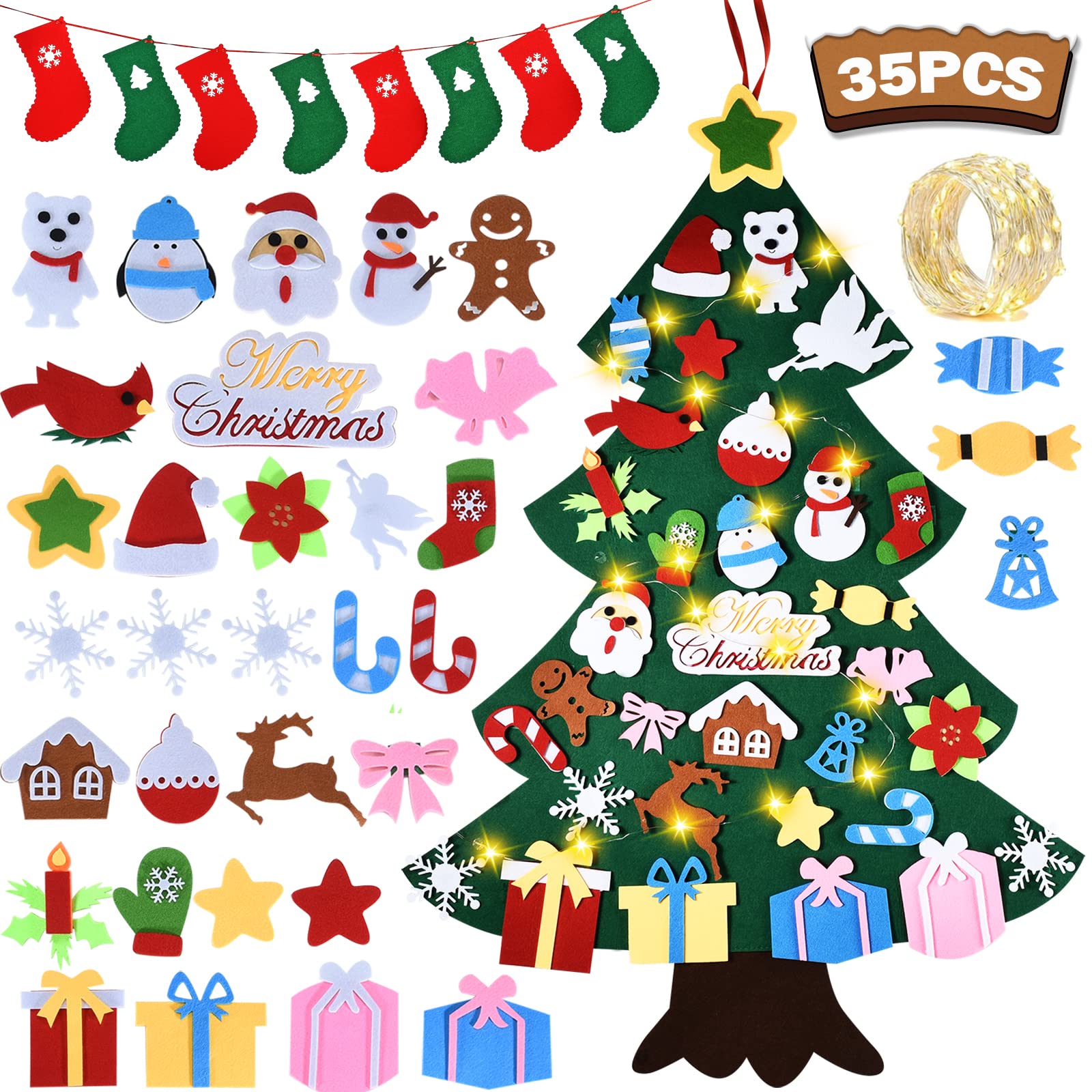 Felt Christmas Tree, Kids Christmas Trees with 35pcs Detachable Ornaments, for Kids, Christmas & New Year Door Wall Hanging Decorations,2022 NEW DIY Felt Christmas Tree Set