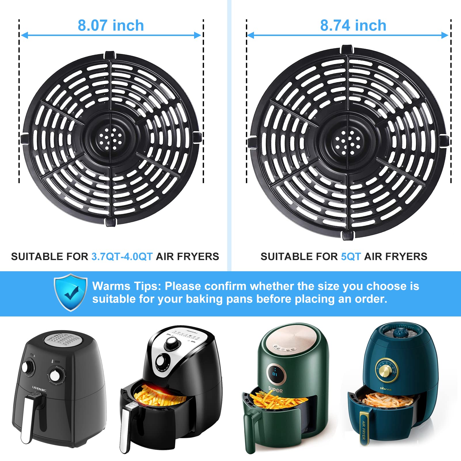 Air Fryer Replacement Parts for Chefman TurboFry 3.6QT Power XL 4QT Emeril Lagasse 4QT, 8.1'' Non-Stick Round Air Fryer Accessories Replacement Tray Rack Grill Crisper Plate