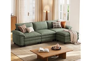 LINSY HOME 123'' Modular Sectional Sofa Green Couch Corduroy Cloud Couches for Living Room, L Shaped Couch with Movable Ottoman, Modern Cloud Sectional Sofas for Bedroom and Apartment, Green