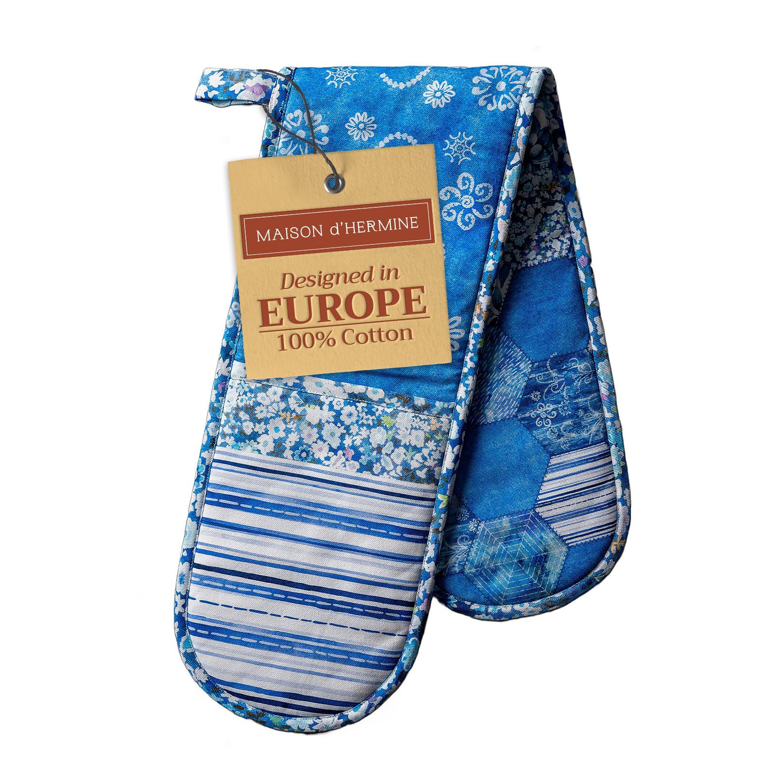 Maison d' Hermine Double Oven Mitts 100% Cotton 18 cm x 89 cm Double Oven Mitt Heat Resistant BBQ Cooking Gloves with Loop Baking Grilling Handling Hot Pans Gifts for Mothers Day (Summer Blues)