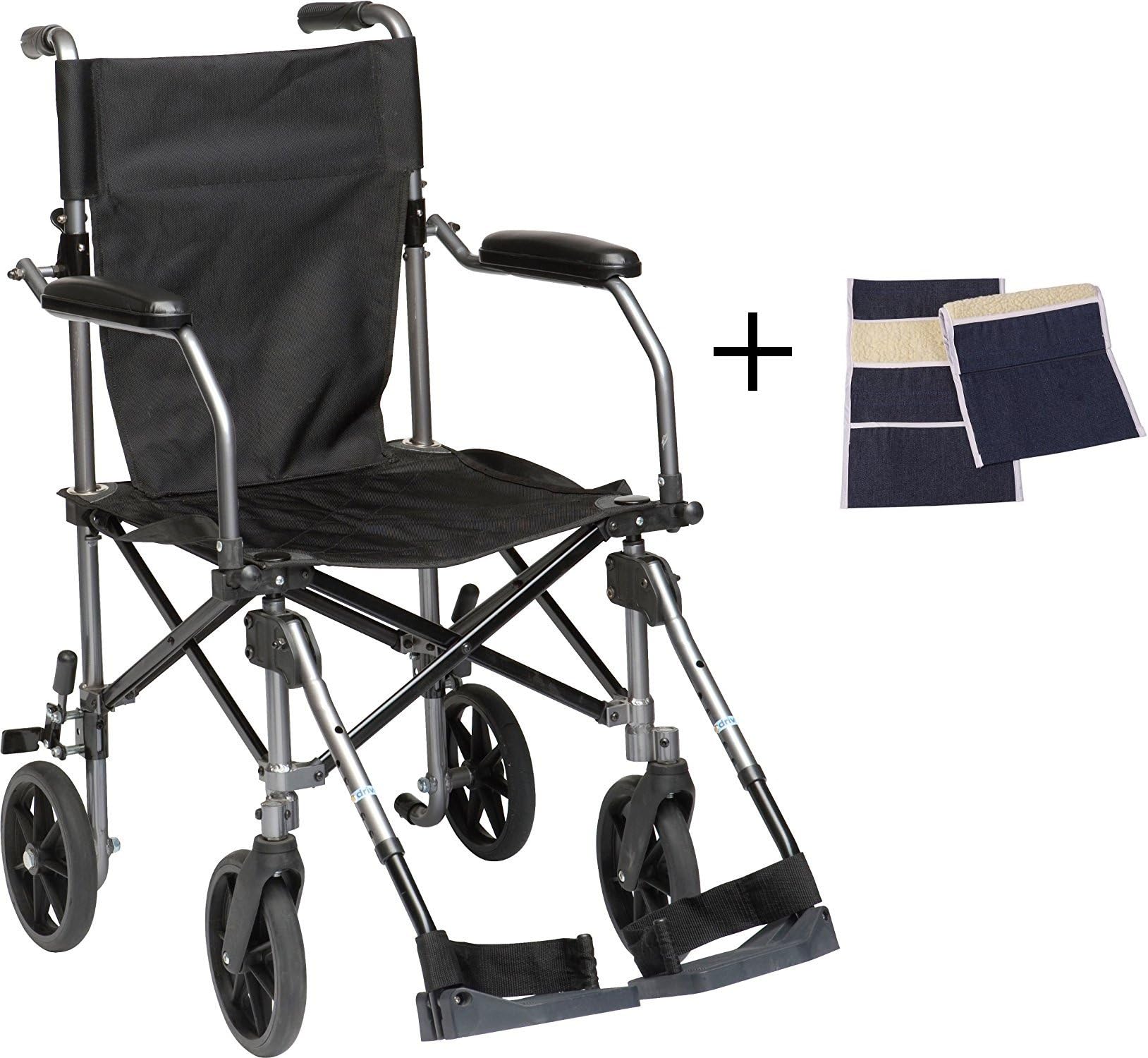 Transport Wheelchair Lightweight Folding, Lightweight Transport Chair Wheelchair With Brakes, Elevating Legrest, Carry Bag, Sheepskin Armrest Pouch, Travelite Transport Wheelchair Chair in a Bag, 19in