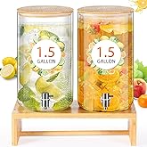 Honeydak 2 Pack 1.5 Gallon Glass Drink Dispenser with Stand, Bamboo Lid, Stainless Steel Spigot Leakproof, Beverage Dispensers for Parties, Lemonade, Iced Tea, Juice, BBQ & Picnic