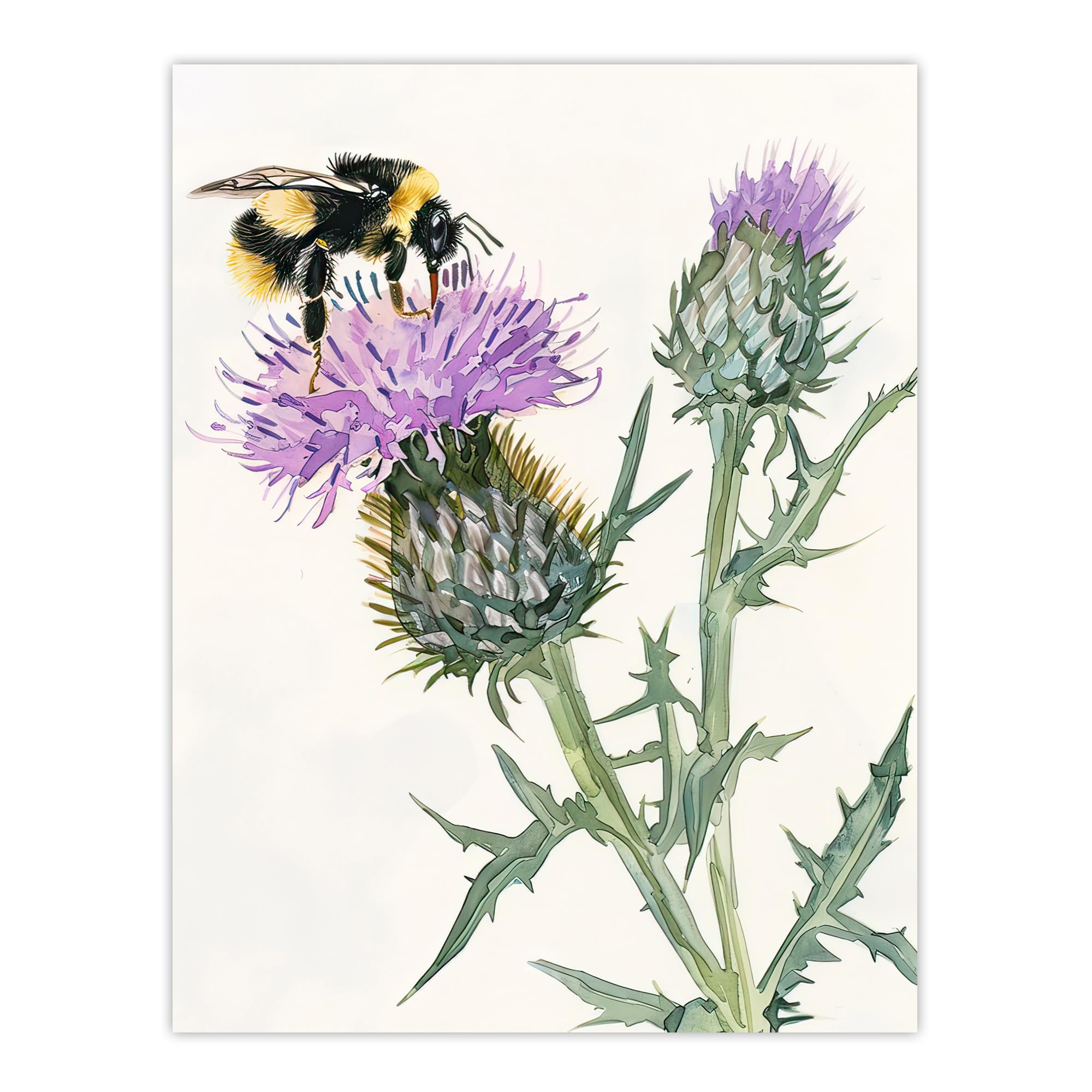 Artery8 Watercolour Bumblebee on Scottish Thistle Flower Living Room Extra Large XL Wall Art Poster Print